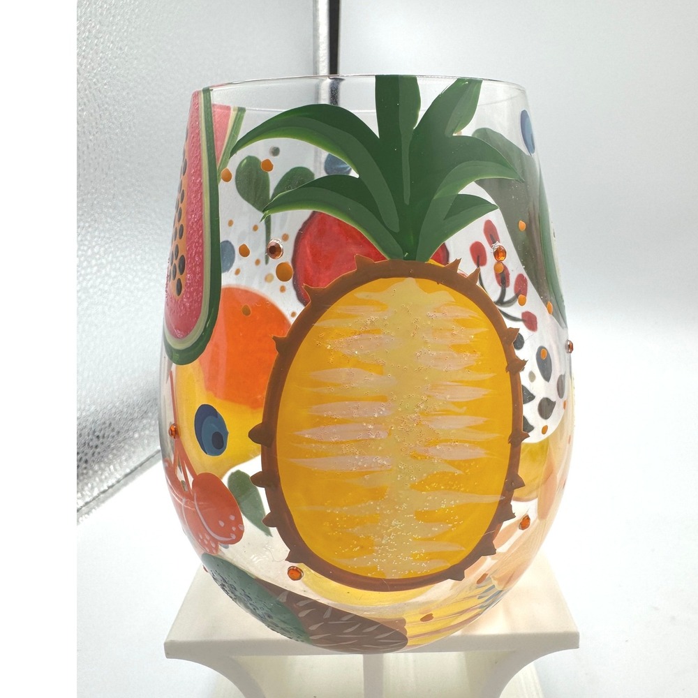 Lolita Tropical Fruit Stemless Wine Glass Hand Painted Glitter Jeweled 4.5in - Picture 2 of 7